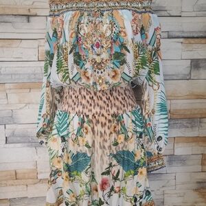 CAMILLA Silk Floral and Animal Print Off-the-Shoulder Mini Dress